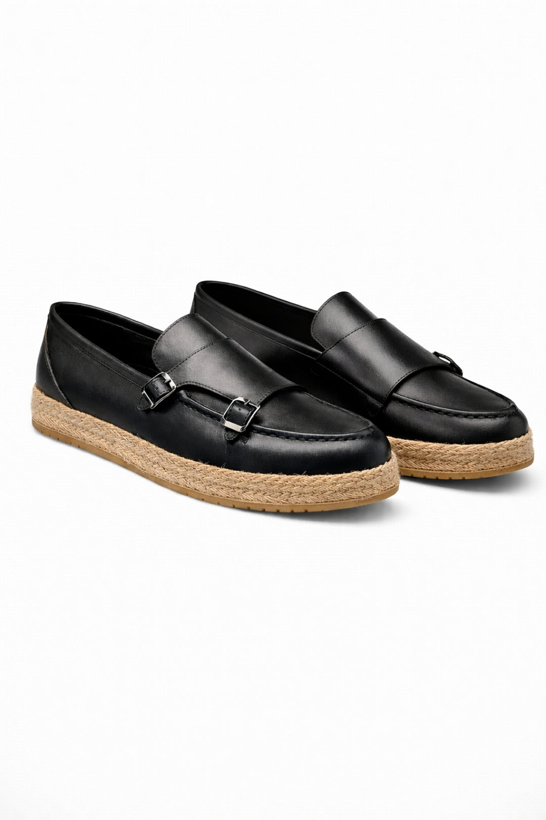 Siyah Hakiki Deri Hasır Kaplama Tabanlı Double Monk Strap