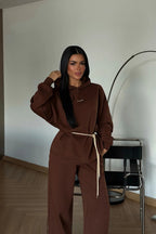 Cavielle Contrast-Tie Hoodie & Wide-Leg Tracksuit Set – Smoke Gray