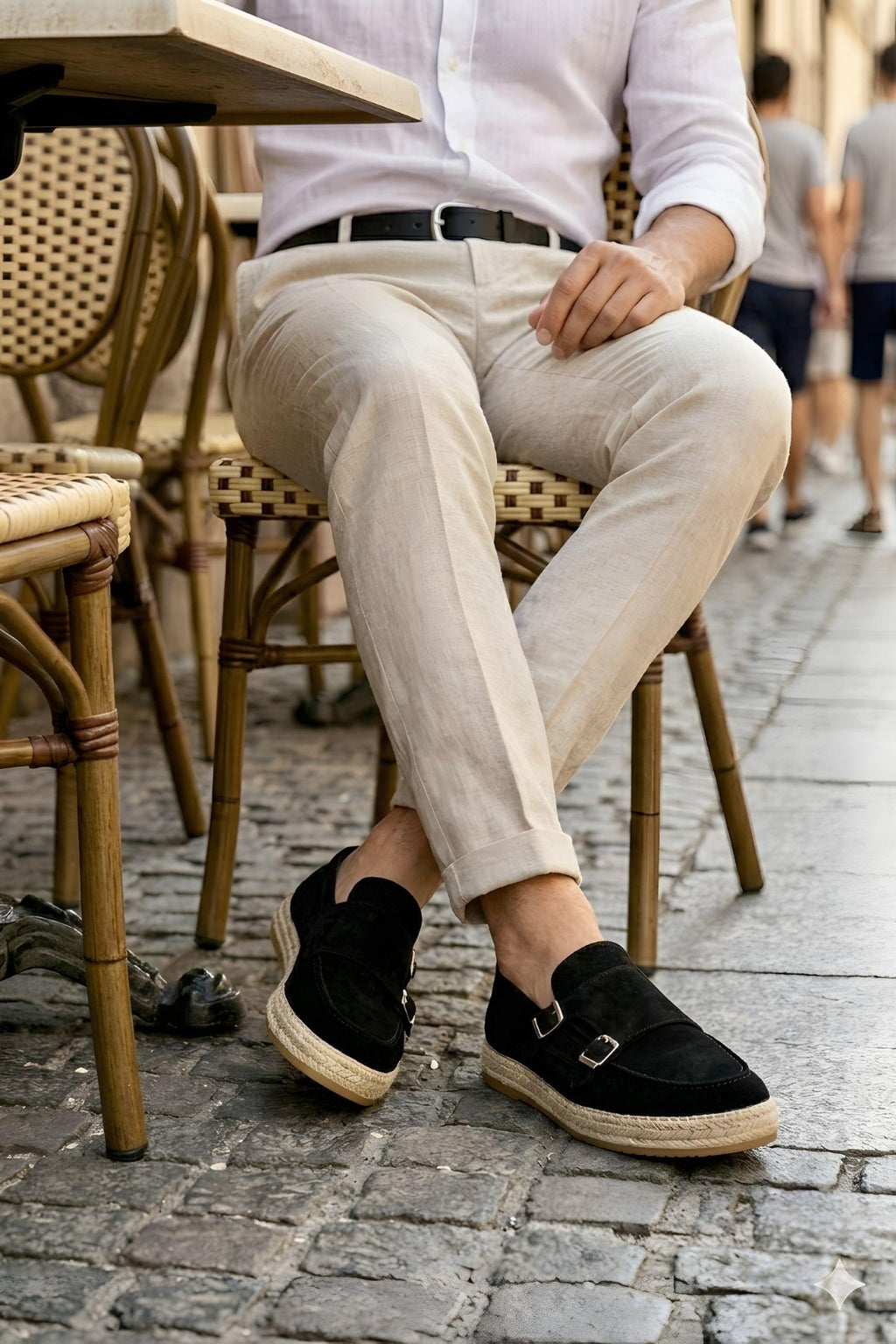 Black Genuine Suede Leather Double Monk Strap with Woven Sole