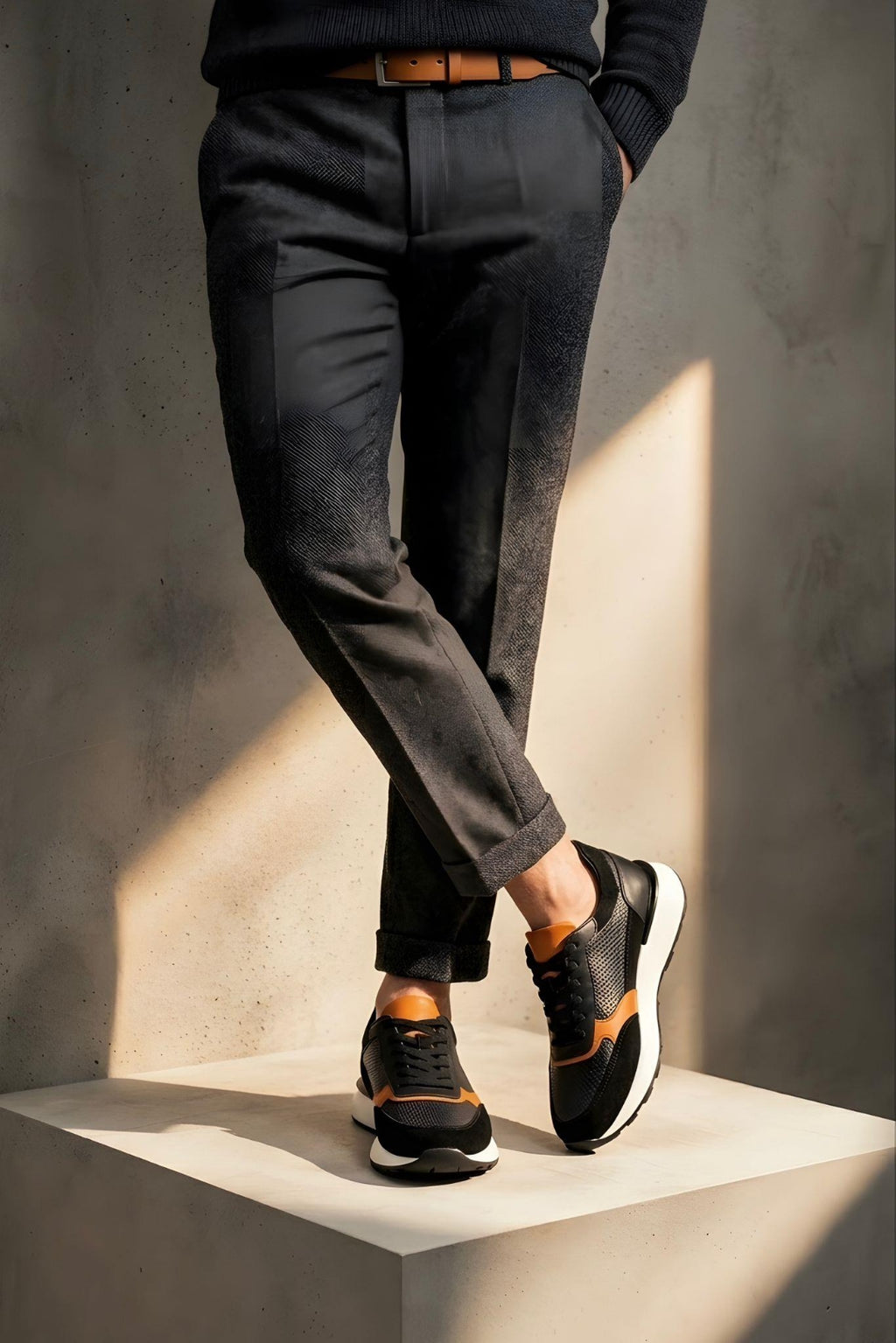 Black-Orange Genuine Leather Ultralight EVA Sole Sneaker