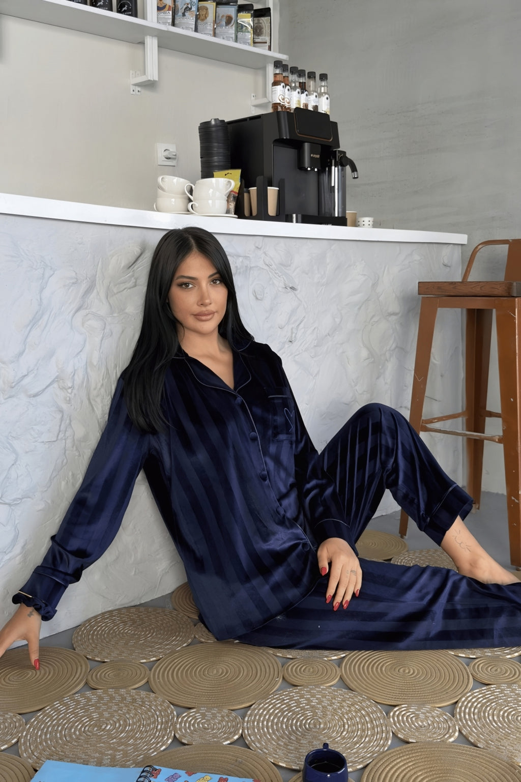 Estelle Striped Velvet Pajama Set – Grey