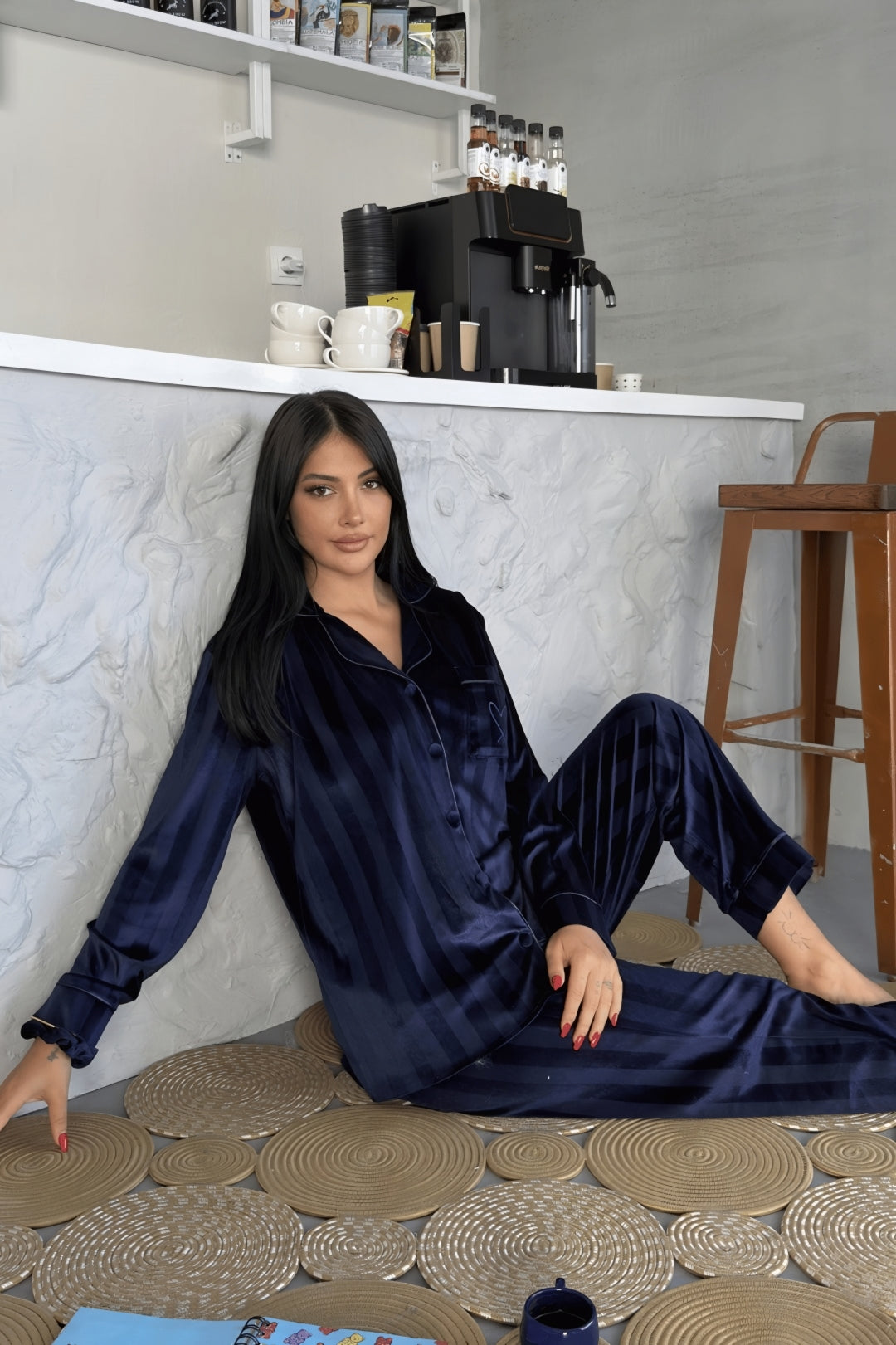 Estelle Striped Velvet Pajama Set – Navy