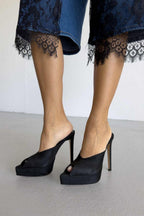 Vespera Platform Peep-Toe Mule Heels – Black Suede