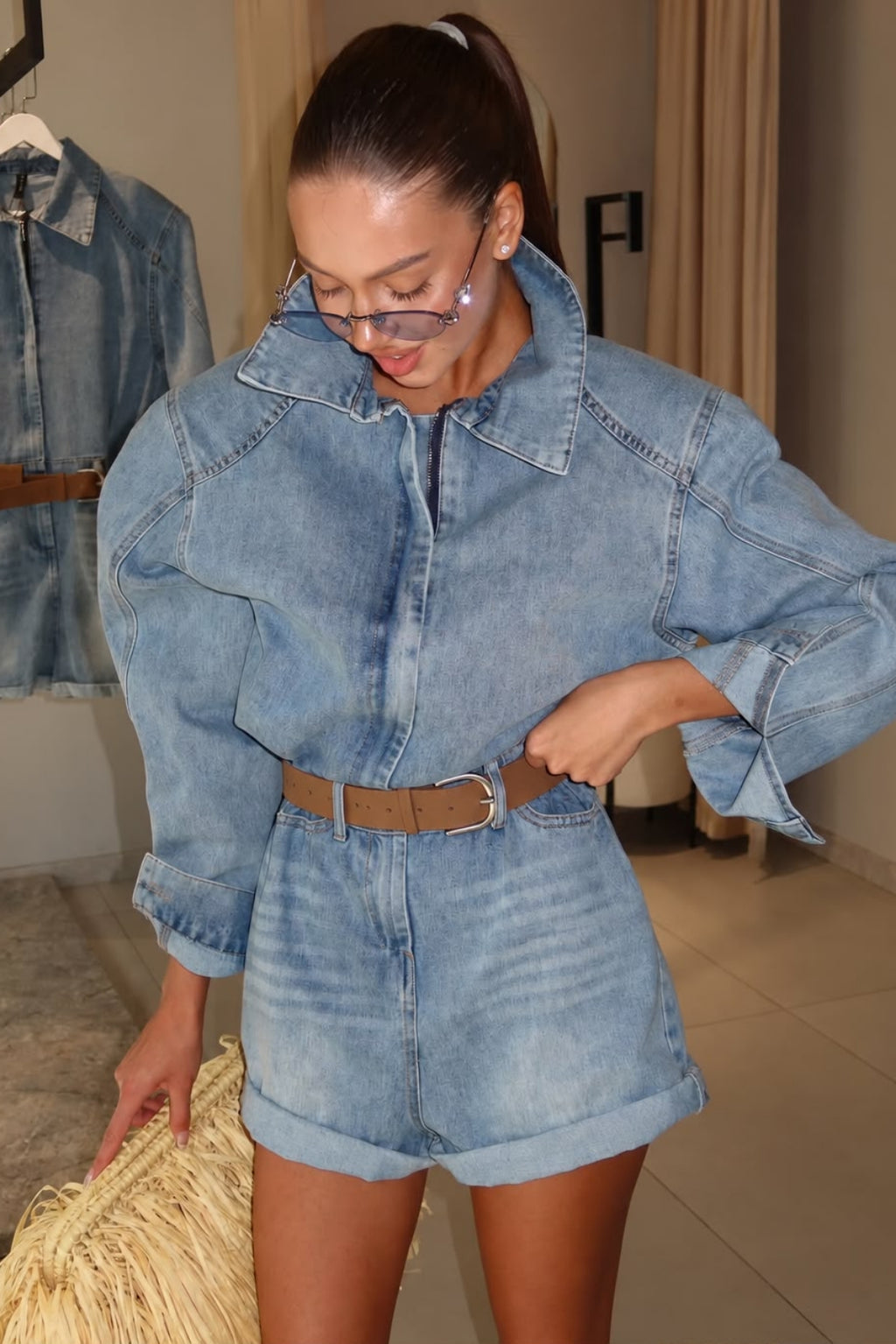 Weston Belted Denim Playsuit