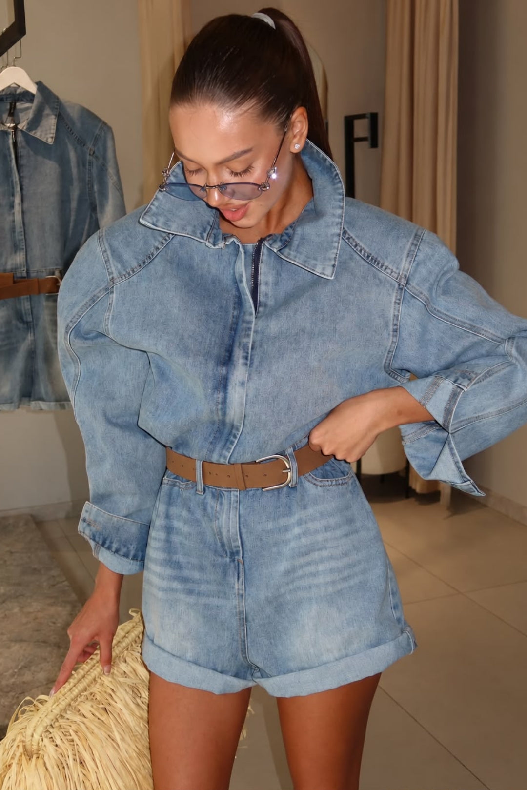Weston Belted Denim Playsuit