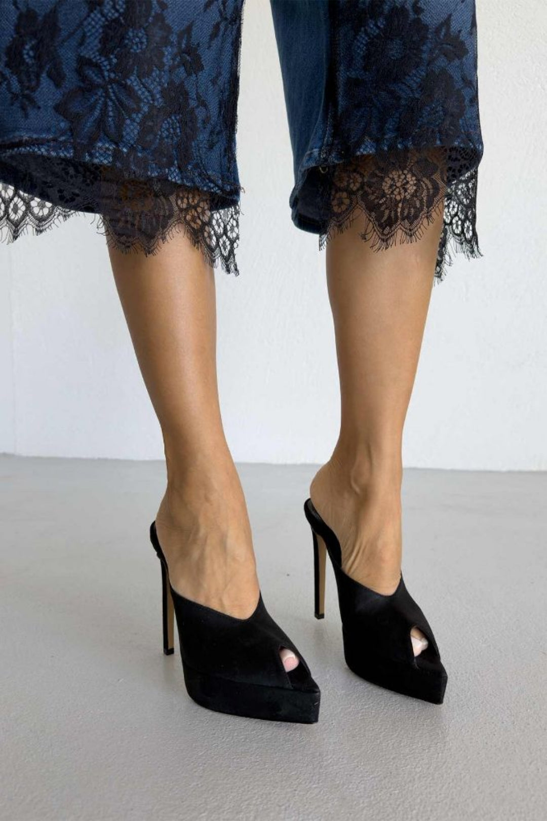 Vespera Platform Peep-Toe Mule Heels – Black Suede