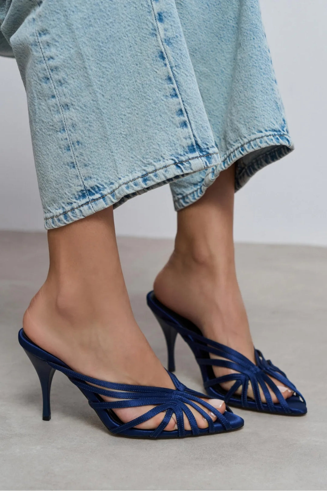 Seraphina Satin Cage-Strap Open-Toe Heeled Mule – Navy Satin