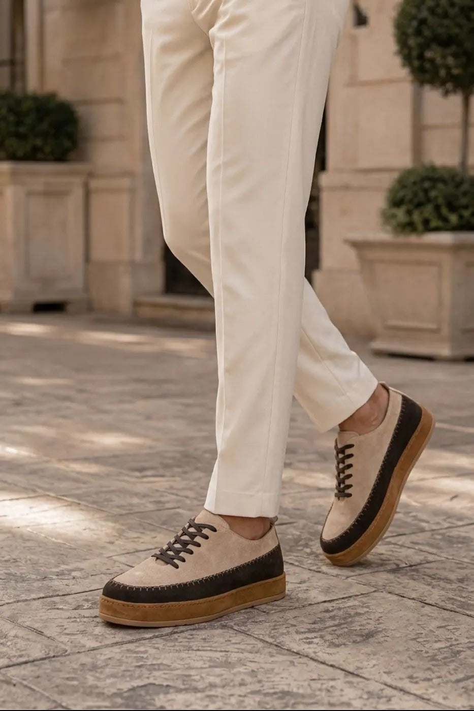Cassian Two-Tone Leather Casual Sneakers – Beige & Brown