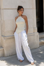 Serenelle Beaded Halter Neck Ribbed Top – White