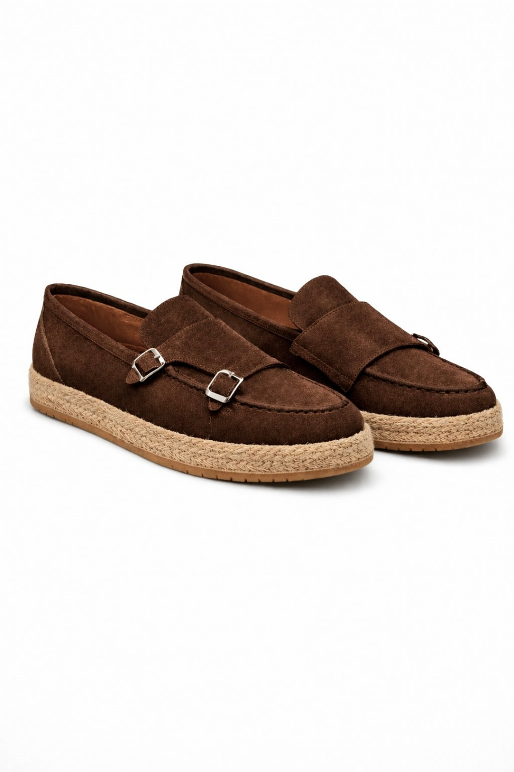 Kahve Hakiki Süet Deri Hasır Kaplama Tabanlı Double Monk Strap