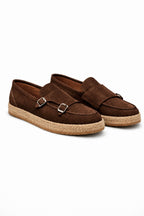 Kahve Hakiki Süet Deri Hasır Kaplama Tabanlı Double Monk Strap