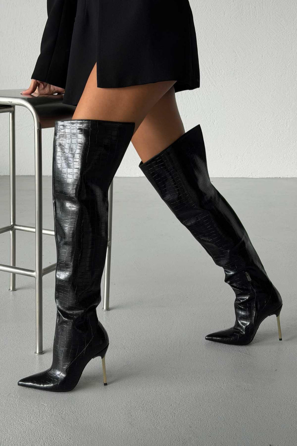 Zavielle Over-the-Knee Stiletto Boots – Metallic Silver