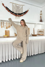 Briar Cable Knit Hooded Two-Piece Set – Light Brown