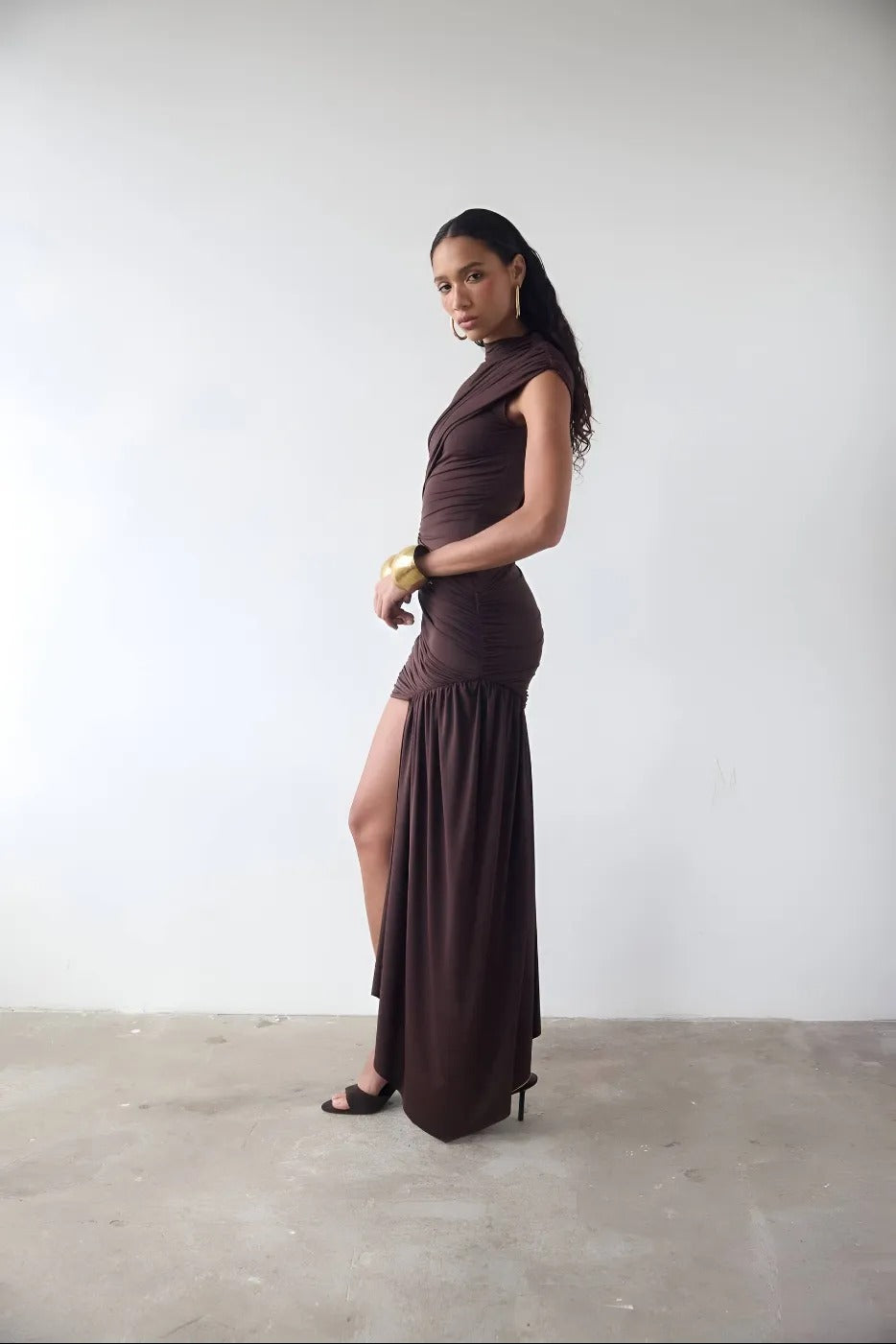 Aureline Ruched Draped Mini Dress – Chocolate Brown