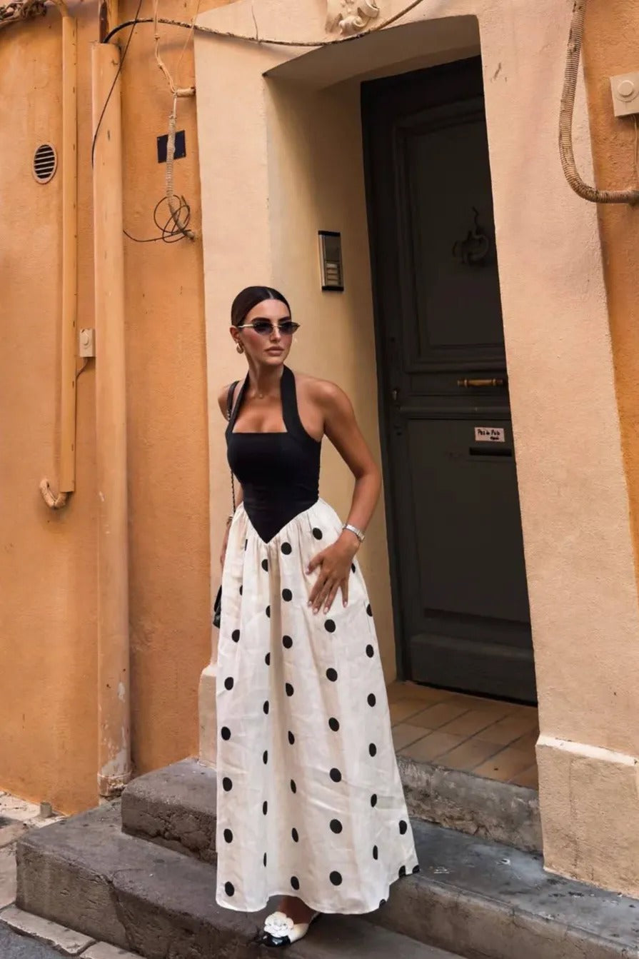 Marcelline Polka Dot Halter Maxi Dress – Black & White