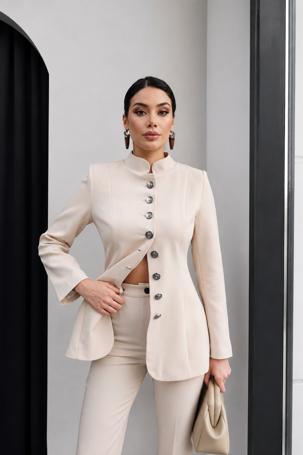 Reine Tailored Button-Front Two-Piece Set – Black