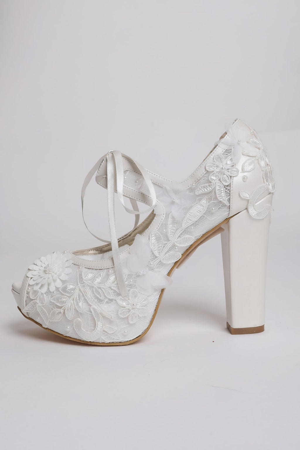 Floral Embroidered and Ribbon-Laced Platform Wedding Shoes