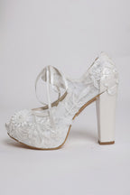 Floral Embroidered and Ribbon-Laced Platform Wedding Shoes