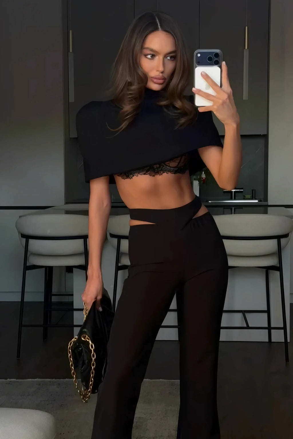 Otilia Sculpted Scuba Crop & Flare Pants Set – Black