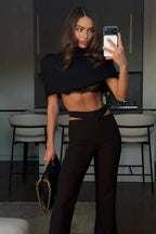 Otilia Sculpted Scuba Crop & Flare Pants Set – Black