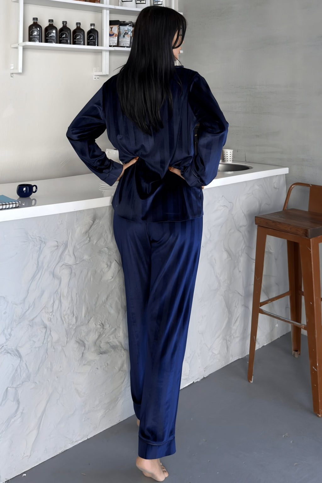 Estelle Striped Velvet Pajama Set – Grey