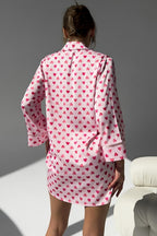 Rosalie Heart-Print Satin Shirt-Collar Night Tunic – Pink