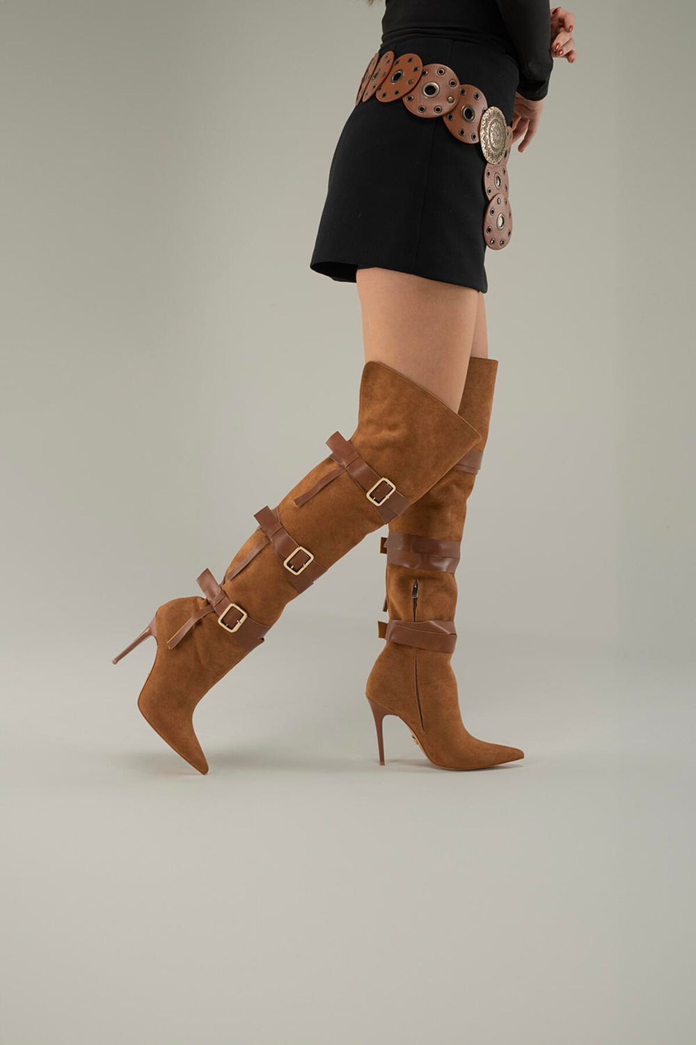 Ravelle Buckle Over-the-Knee Stiletto Boots – Tan Suede