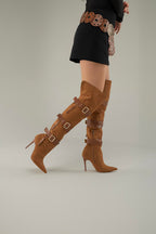 Ravelle Buckle Over-the-Knee Stiletto Boots – Tan Suede