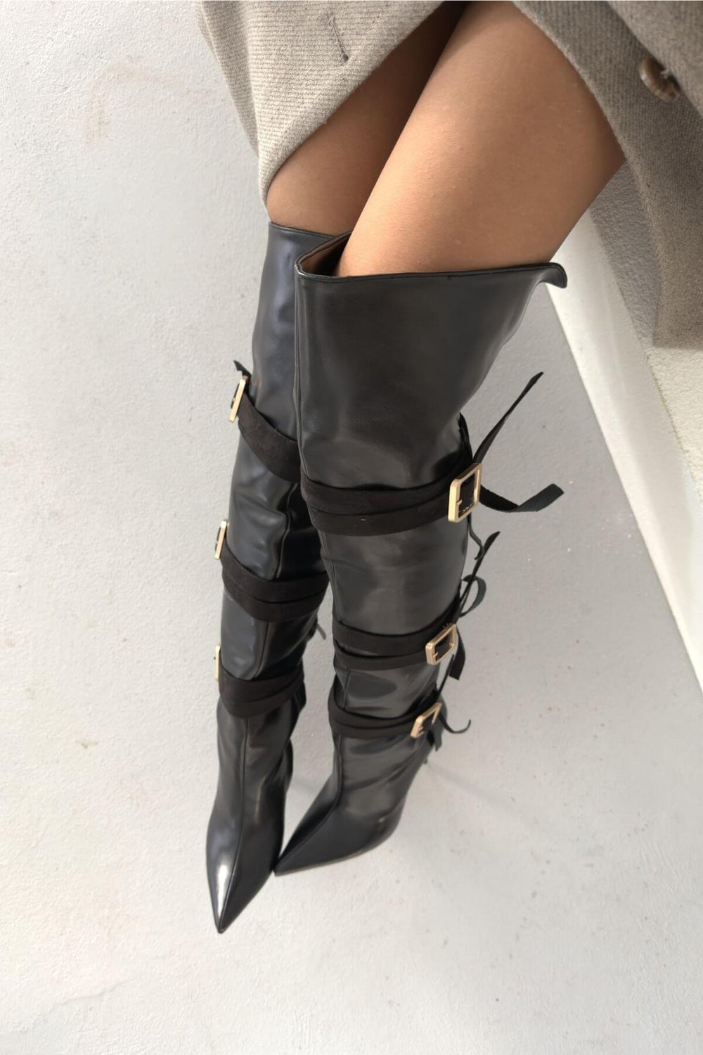 Ravelle Buckle Over-the-Knee Stiletto Boots – Tan Suede