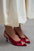 Aurelia Satin Peep-Toe Slingback Kitten Heels – Burgundy Satin