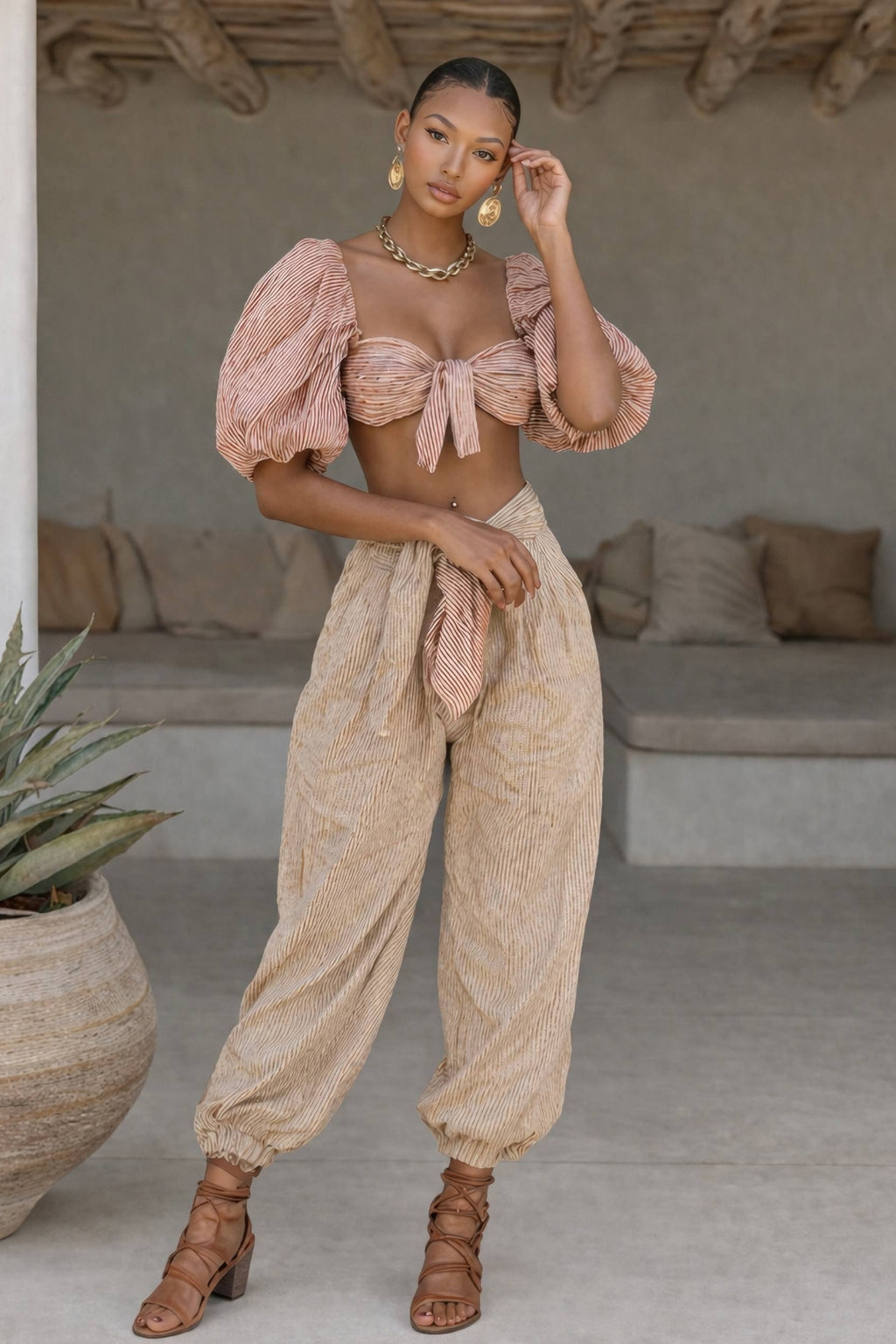 Marielle Soleil Striped Textured Two-Piece Set – Blush Beige