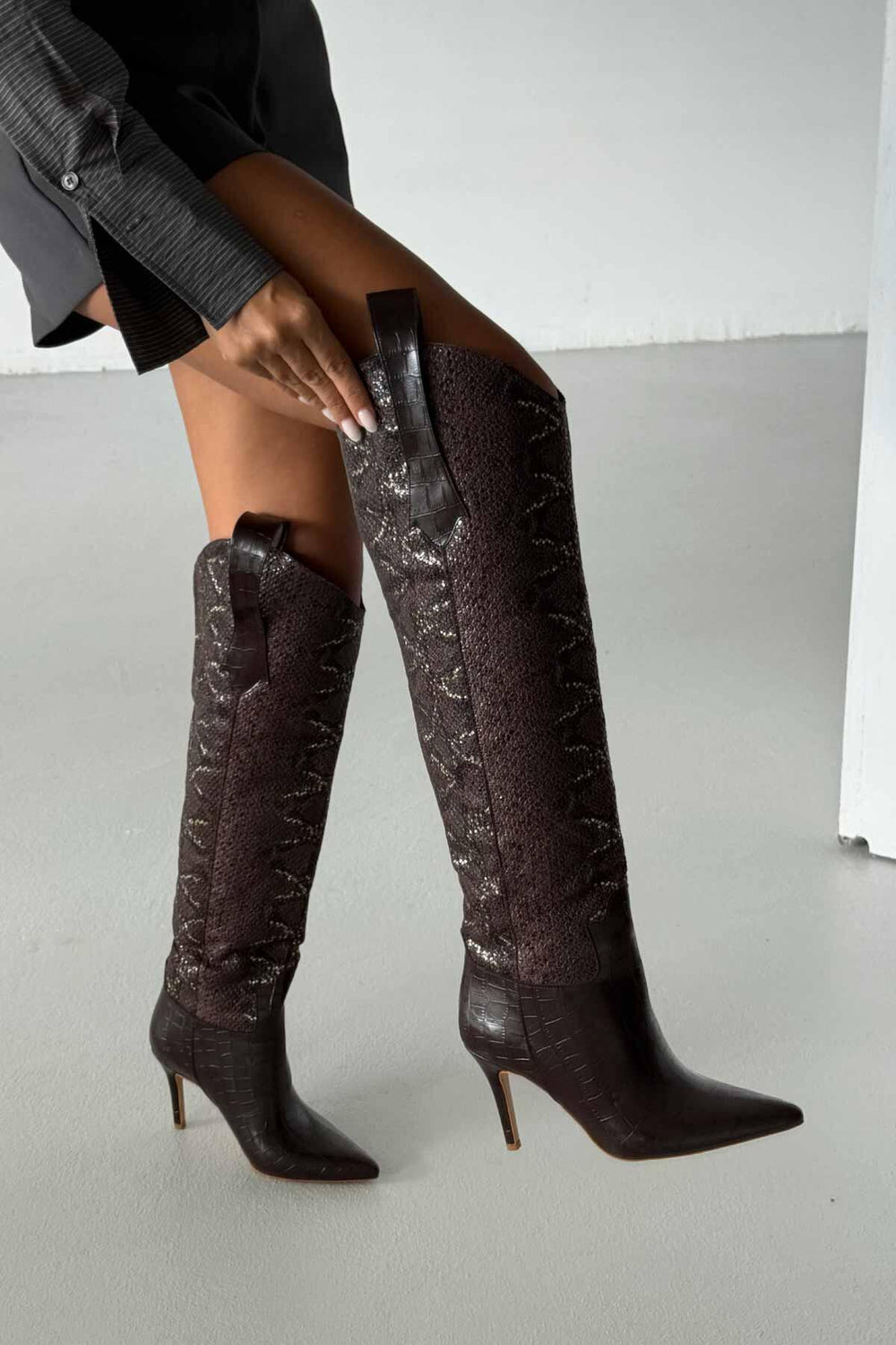 Velmora Croc-Texture Knee-High Boots
