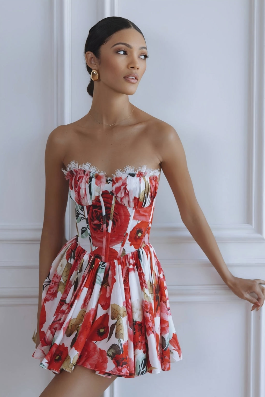 Maribelle Floral Corset Mini Dress – Red