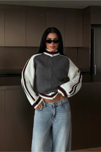 Varelle Contrast-Sleeve Zip Knit Cardigan