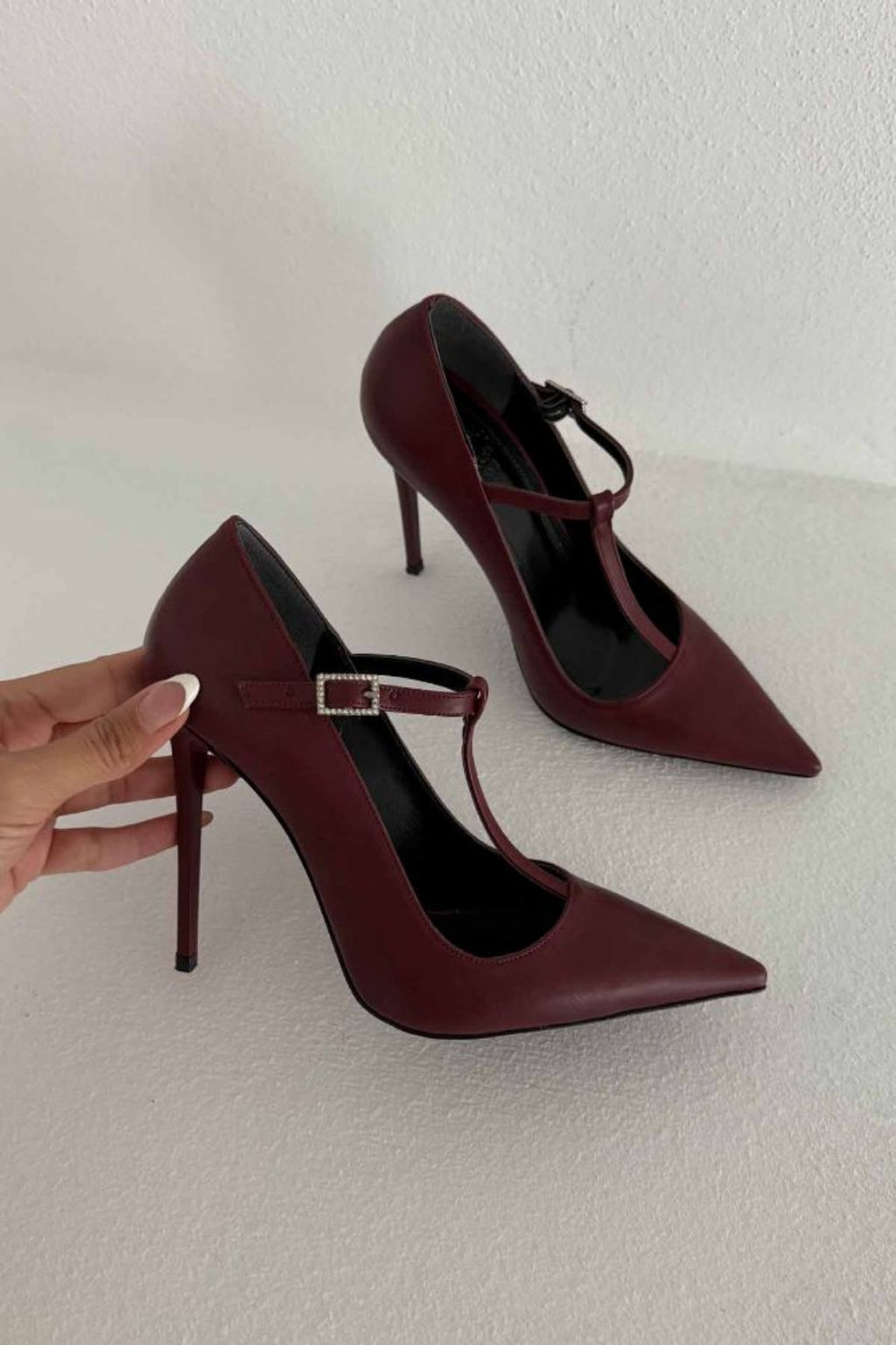 Vanessa Burgundy T-Strap Crystal Buckle Stiletto Pumps – 12 CM Heel