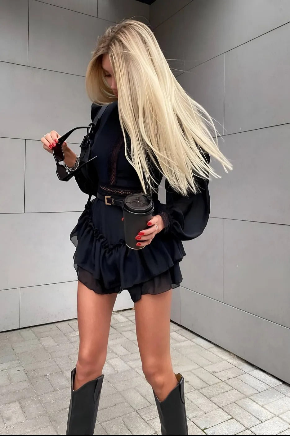 Marcelline Ruffle Chiffon Mini Dress – Black