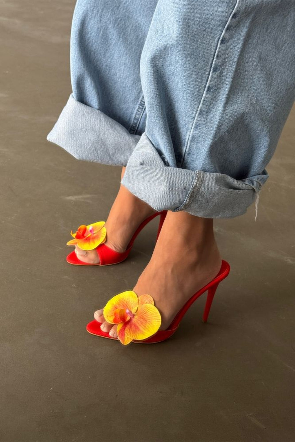 Melinda Floral Satin Stiletto Mule – Orchid Bloom Edition | Fuscia & Sunset Orange