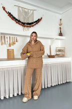 Briar Cable Knit Hooded Two-Piece Set – Light Brown