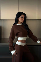 Clause Contrast Trim Fleece Tracksuit Set – Brown
