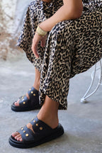 Caleb Black Genuine Leather Comfort Women's Slippers