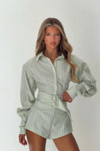 Seravelle Striped Belted Shirt & Shorts Set – Green