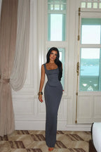 Nivellea Sculpted Corset Maxi Dress – Light Grey