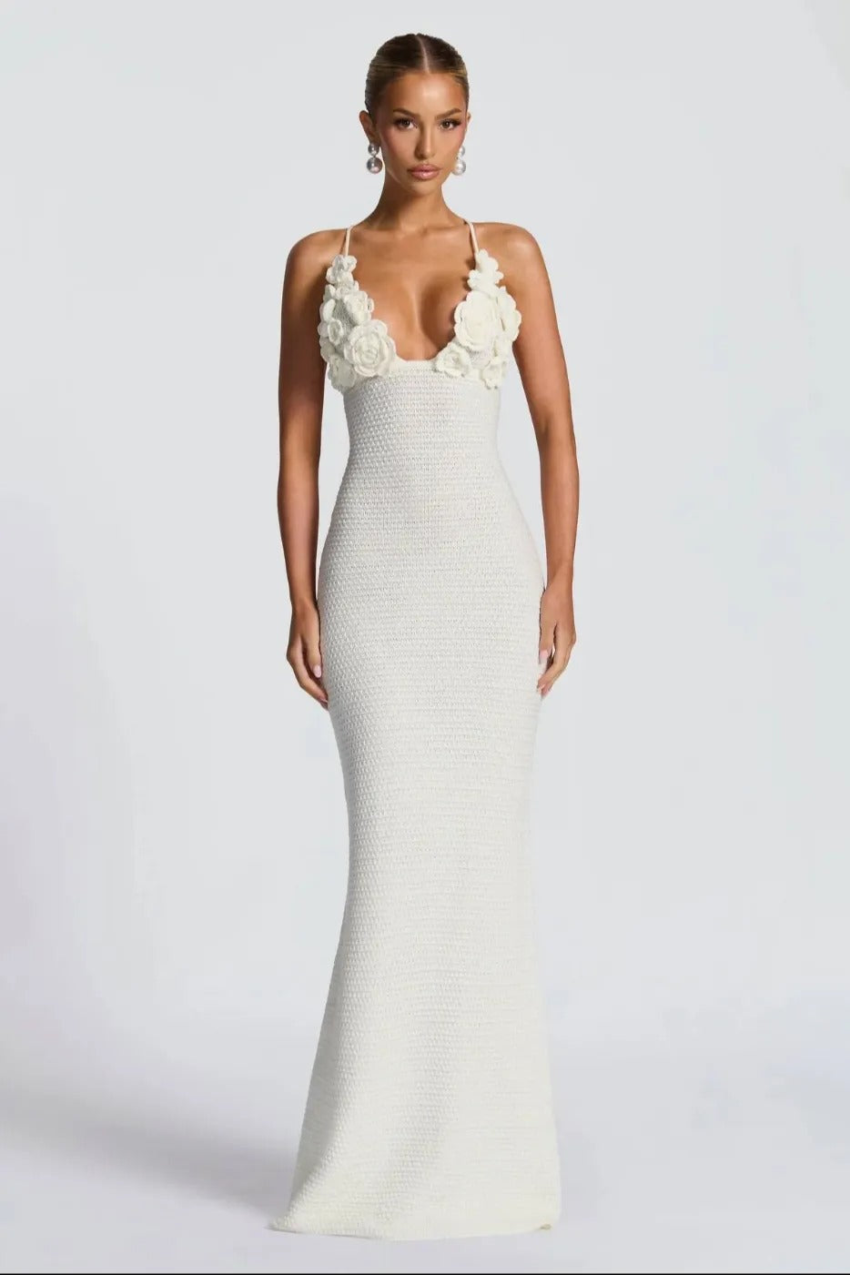 Solara Bloom Crochet Maxi Dress – White Floral Lace Knit