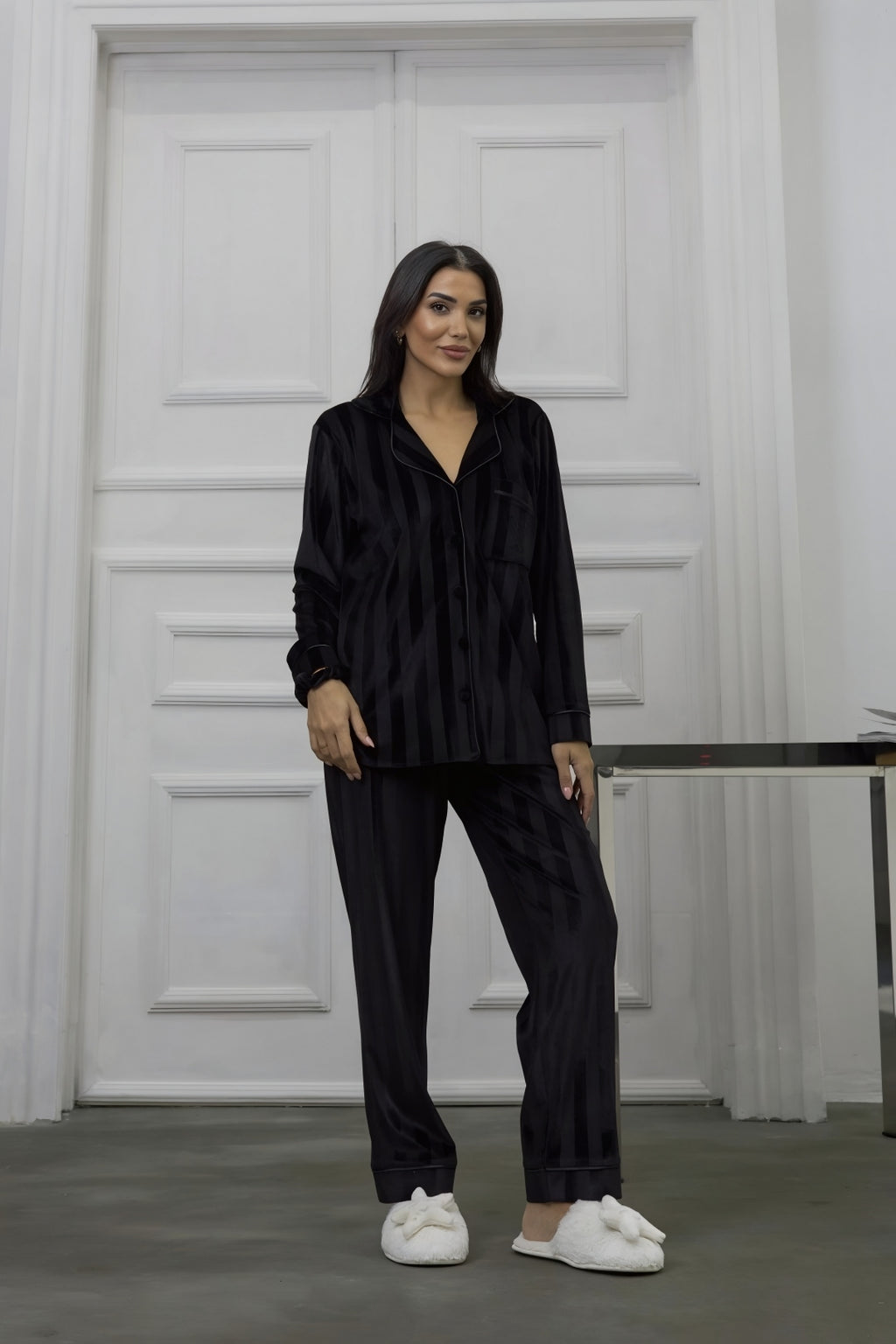 Estelle Striped Velvet Pajama Set — Red