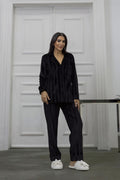 Estelle Striped Velvet Pajama Set — Black