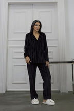 Estelle Striped Velvet Pajama Set — Red