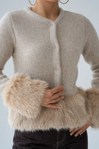 Orwick Faux Fur Trim Snap-Button Cardigan – Ecru