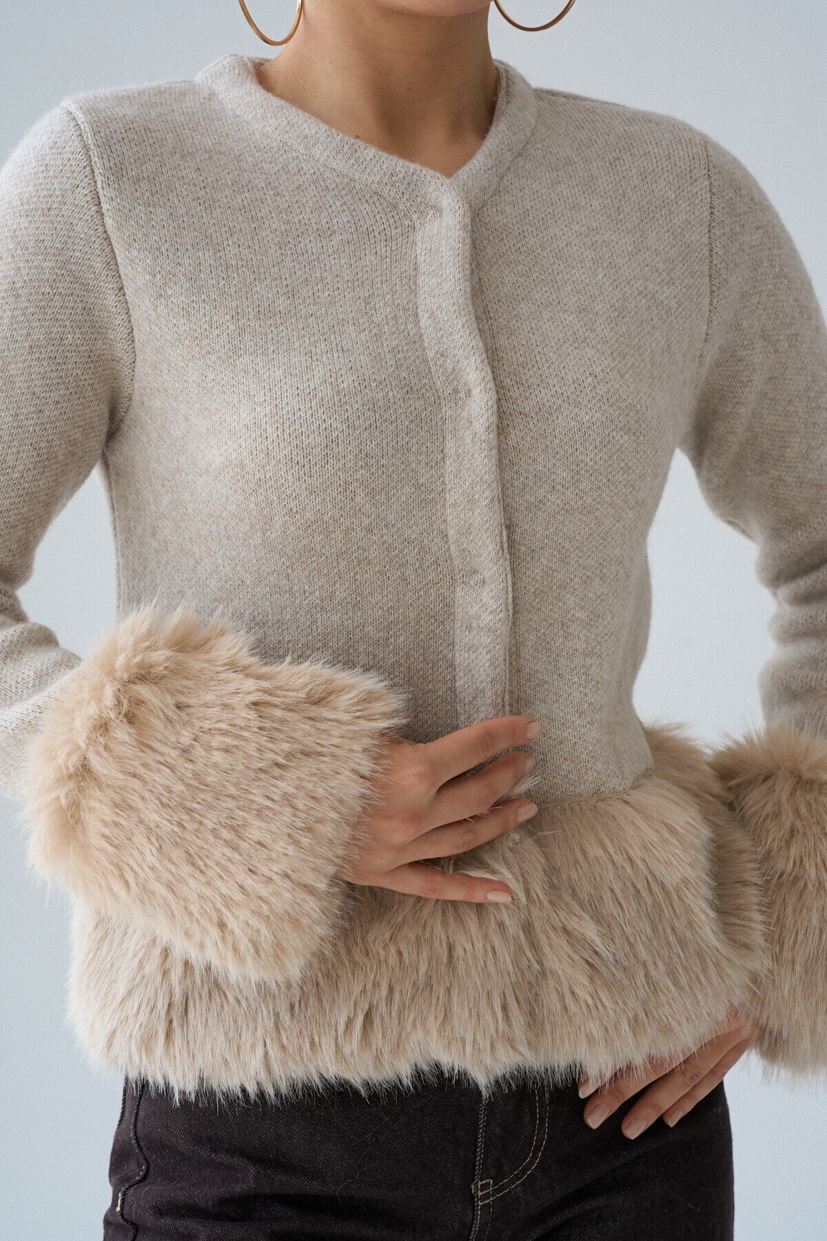 Orwick Faux Fur Trim Snap-Button Cardigan – Ecru