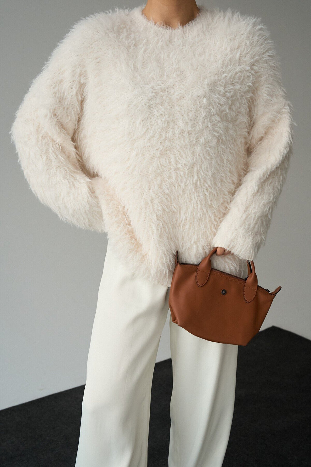 Drexen Fluffy Textured Crew-Neck Sweater – Cream
