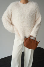 Drexen Fluffy Textured Crew-Neck Sweater – Cream